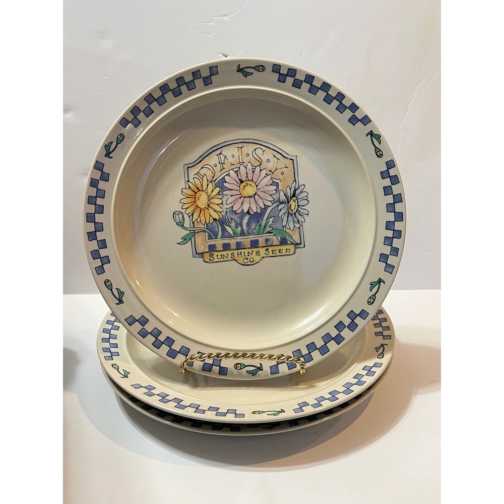 Gibson Housewares Sunshine Seed Co Daisy Dinner Plates Set of 3 Blue Checkered